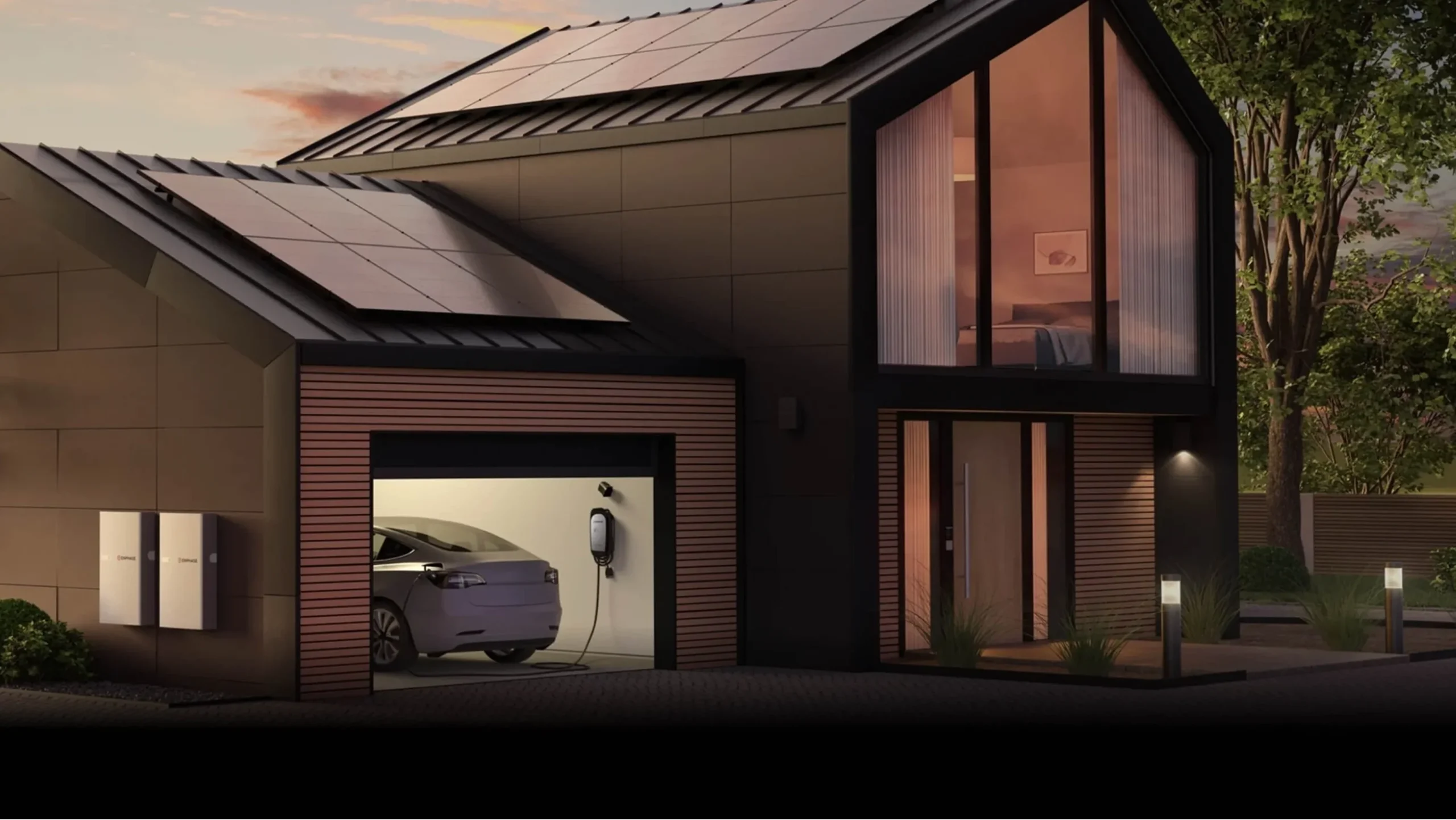 Modern house with whole-home solar panels on the roof. A double-height window reveals an interior lit softly. An electric car is parked in the open garage, connected to a charging station. The evening sky is softly lit in the background.