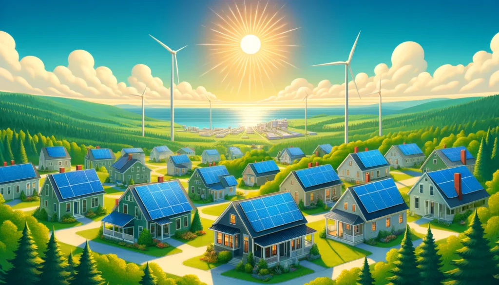 A vibrant illustration of a sustainable village with houses featuring solar panels. Wind mills dot the landscape.
